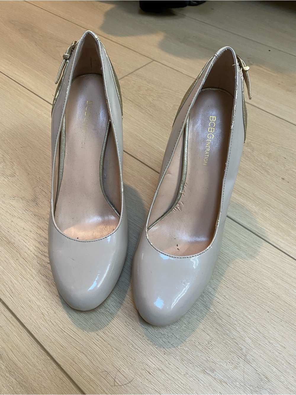 BCBGeneration Women's Beige Patent Round-Toe Pumps
